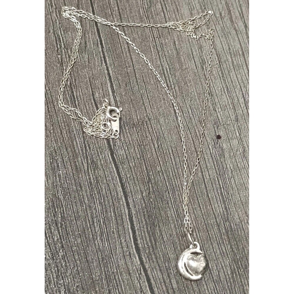 LA Heart Moon Sterling Silver Pendant On 925 Vintage Chain Necklace